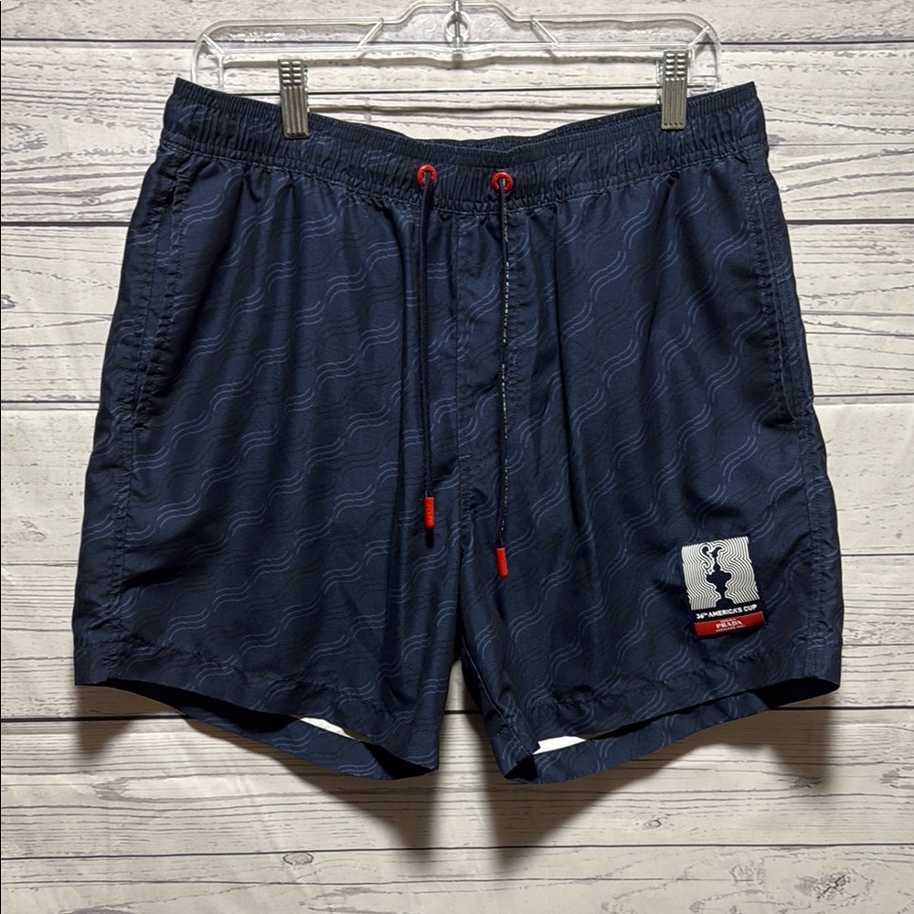 Prada X North Sails- Allover wave prints swim shorts navy blue
